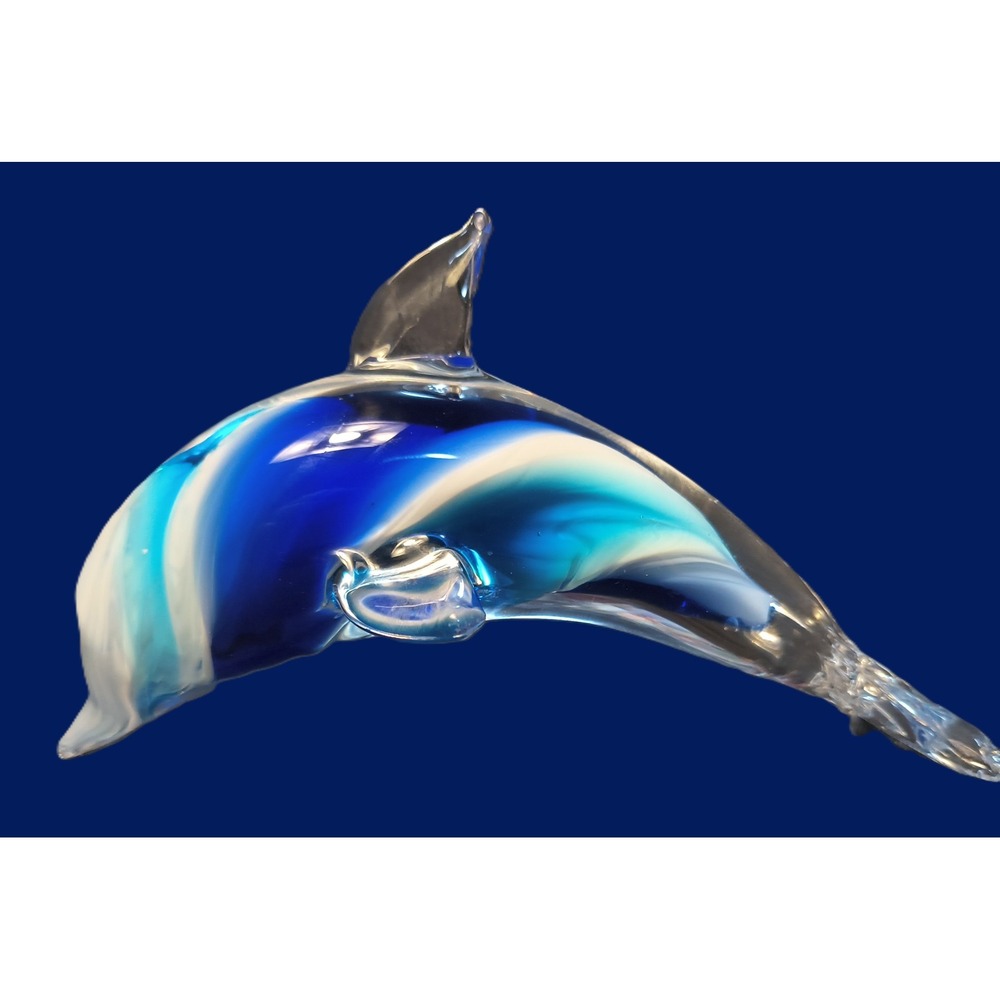Art Glass Dolphin Figurine Blue White Swirl Hand Blown Ocean‎ Sea Life Decor